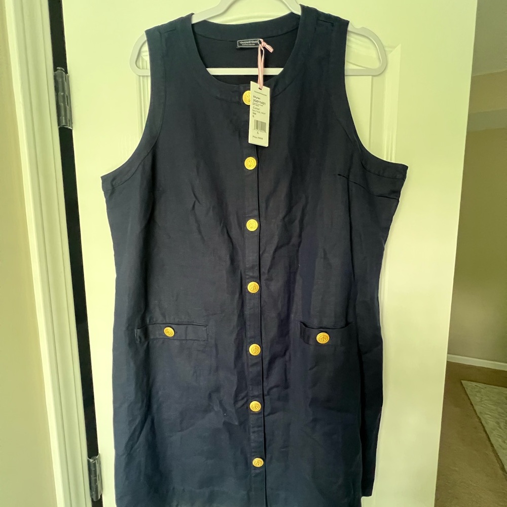 NWT Vineyard Vines Nautical Navy Blue Women's Linen Button Front Shift Dress
